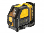 A DeWalt 12V green cross line laser level with a black and yellow casing, showing control buttons, indicator lights, and the DeWalt logo on its side.