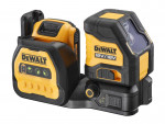 A DeWalt 12V/18V laser level tool in black and yellow, featuring control buttons, a display screen, and a mounting bracket.
