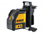 A DeWalt laser level tool with a yellow and black body, mounted on a black bracket. The device features a window for the laser, control buttons, and the DeWalt logo on the side.