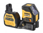 A DeWalt 12V/18V laser level tool with a black and yellow body, featuring control buttons, display indicators, and a mounting bracket.