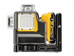 A side view of a DEWALT 12V XR laser level tool featuring a gray, yellow, and black design with a visible battery pack attached on the right side.