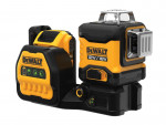 A DeWalt 12V/18V laser level tool set, featuring a yellow and black electronic laser unit mounted on a base, alongside a matching battery charger with indicator lights.