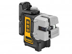 A DEWALT laser level tool with a black and yellow body, silver protective cover, adjustment knob on top, and control buttons on the side.