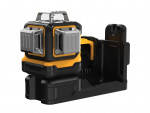 A black and yellow laser level device with multiple lenses sits on a matching charging base, designed for precision alignment in construction or DIY projects.