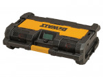 A black and yellow DEWALT portable jobsite radio with a digital display, control buttons, and rugged protective casing. The radio is rectangular and designed for durability on construction sites.