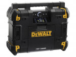 A black and yellow DEWALT portable radio and charger with a handle on top, control panel, and DEWALT logo on the front. The device has rugged edges and a sturdy, stackable design.