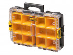 A yellow and black DEWALT plastic organizer case with a clear lid, black handle, and 10 individual compartments for storing small tools or hardware.