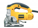 A yellow and black DeWalt electric jigsaw power tool is shown from the side against a white background. The blade and adjustment controls are visible, along with a power cord attached at the back.