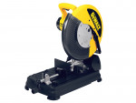 A yellow and black DEWALT chop saw with a large circular blade, mounted on a sturdy black base, used for cutting metal or wood.
