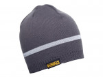 A gray knit beanie with a single white horizontal stripe and a yellow DeWalt logo tag on the front edge.,