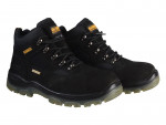 A pair of black, rugged work boots with sturdy soles, lace-up fronts, metal eyelets, and yellow DEWALT labels on the tongue and side. The boots appear durable and suitable for outdoor or construction work.