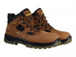 A pair of brown DeWalt leather work boots with black soles and yellow-black laces, featuring reinforced toes and padded collars designed for durability and heavy-duty use.