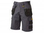 A pair of gray work shorts with multiple black utility pockets and tool loops, suitable for construction or DIY tasks. The shorts have a button closure and visible stitching details.