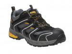 A black and gray athletic work shoe with yellow accents, mesh panels, durable rubber sole, and reinforced toe, designed for comfort and protection.
