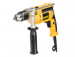 A yellow and black DeWalt electric drill with a side handle and depth gauge, featuring a corded power supply and a keyed chuck for various drill bits.