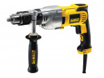 A yellow and black corded DeWalt power drill with a side handle and a metal chuck, shown on a white background.