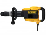 A yellow and black DeWalt electric jackhammer with a side handle, a black cylindrical bit holder, and a power cord, viewed from the side.