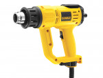 A yellow and black DeWalt heat gun with a textured handle and trigger, featuring a metal nozzle at the front and a power cord attached at the bottom.