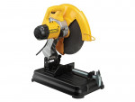 A yellow and black DeWalt chop saw with a circular blade and a sturdy black base, used for cutting metal or other materials in construction and workshop settings.