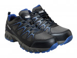 A pair of black and gray athletic shoes with blue accents, featuring a rugged sole and lace-up design, displayed side by side on a white background.