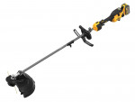 A cordless, battery-powered string trimmer with a yellow and black handle, a long silver shaft, and a black cutting guard at the end.