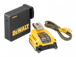 A DEWALT 100W power adapter, an 18V/20V Li-Ion battery charger, and a yellow-black USB-C charging cable are shown on a white background.