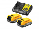 A DeWalt battery charger and two yellow and black 18V DeWalt PowerStack batteries, shown on a white background.