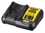 A black DEWALT DCB113 XR Li-ION battery charger with a yellow label, showing charging indicators and safety symbols, designed for 10.8V, 14.4V, and 18V lithium-ion batteries.