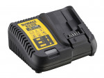 A black DeWalt DCB115 Li-ion battery charger with yellow label, showing indicator lights and charging icons. The charger has air vents and a slot for battery connection.