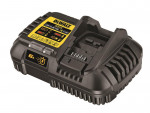 A black DeWalt battery charger with yellow labeling, showing indicators and a slot for charging a 20V lithium-ion battery. The charger displays a 6A symbol and various indicator lights on its surface.