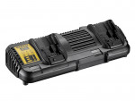 A black DEWALT dual battery charger with two charging slots, a yellow label displaying indicators, and ventilation grills on the sides and center.