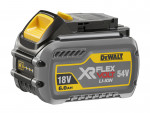A DeWalt XR FlexVolt rechargeable lithium-ion battery, labeled 18V/54V and 6.0Ah, with a gray and yellow design and prominent DeWalt branding.