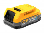 A yellow and black DEWALT 18V POWERSTACK lithium-ion battery pack, shown on a white background. The battery features branding labels and has a compact, rectangular shape.