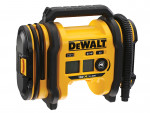 A yellow and black DEWALT portable air inflator with a handle, digital display, control buttons, and attached hose, designed for use with 18V XR Li-Ion batteries.