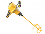 A yellow electric handheld paint and cement mixer with dual handles and a long mixing paddle attachment, designed for mixing paint, plaster, cement, or mortar.