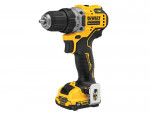 A yellow and black DeWalt 12V cordless power drill with a brushless motor, featuring a textured grip, trigger, and metal belt clip, standing upright on its battery pack.