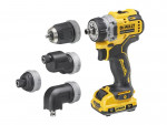 A yellow and black DEWALT cordless drill with four interchangeable attachments and a rechargeable battery, displayed against a white background.