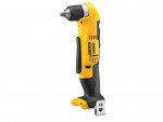 A yellow and black cordless right angle drill with a metal belt clip and keyless chuck, standing upright. The brand DeWalt is visible on the side.