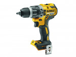 A yellow and black DeWalt cordless drill with a metal belt clip and textured grip, shown on a white background. The drill is labeled 18V XR and brushless near the top.