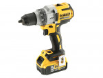 A yellow and black DeWalt cordless power drill with an 18V lithium-ion battery pack, metal belt clip, and ergonomic grip, shown against a white background.