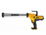 A yellow and black DeWalt cordless caulking gun with a silver dispensing tube and a pistol-style handle, shown against a white background.