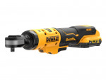 A yellow and black DeWalt brushless cordless ratchet wrench is shown on a white background, featuring a compact, ergonomic design and a visible battery pack attached at the end.