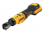 A yellow and black DEWALT cordless ratchet wrench, featuring an ergonomic handle and a rechargeable battery pack attached at the end.