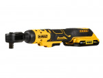 A yellow and black DeWalt 18V cordless brushless ratchet tool with a 2.0 Ah lithium-ion battery attached, designed for tightening or loosening bolts and nuts.