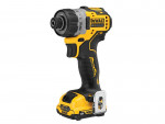 A yellow and black DeWalt 12V cordless brushless impact driver, featuring a compact design, rubber grip, and metal belt clip, with branding and technical details visible on the casing.