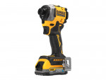 A yellow and black DEWALT 18V cordless impact driver is shown standing upright, featuring a POWERSTACK battery and a metal belt clip on the base.