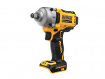 A yellow and black DeWalt 18V XR brushless cordless impact wrench, shown at an angle. The tool has a textured grip, trigger, and metallic front housing, with no battery attached at the base.
