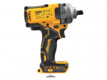 A yellow and black DeWalt cordless impact wrench is shown in a side view, with visible branding and labeling, a rubberized grip, and metal components near the drill head.