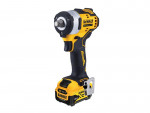 A yellow and black DeWalt cordless impact driver with a 12V lithium-ion battery, shown standing upright on a white background.