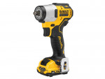 A yellow and black DeWalt 12V cordless impact wrench with a brushless motor, featuring a metallic head, ergonomic grip, battery pack at the base, and a belt clip attached to the side.